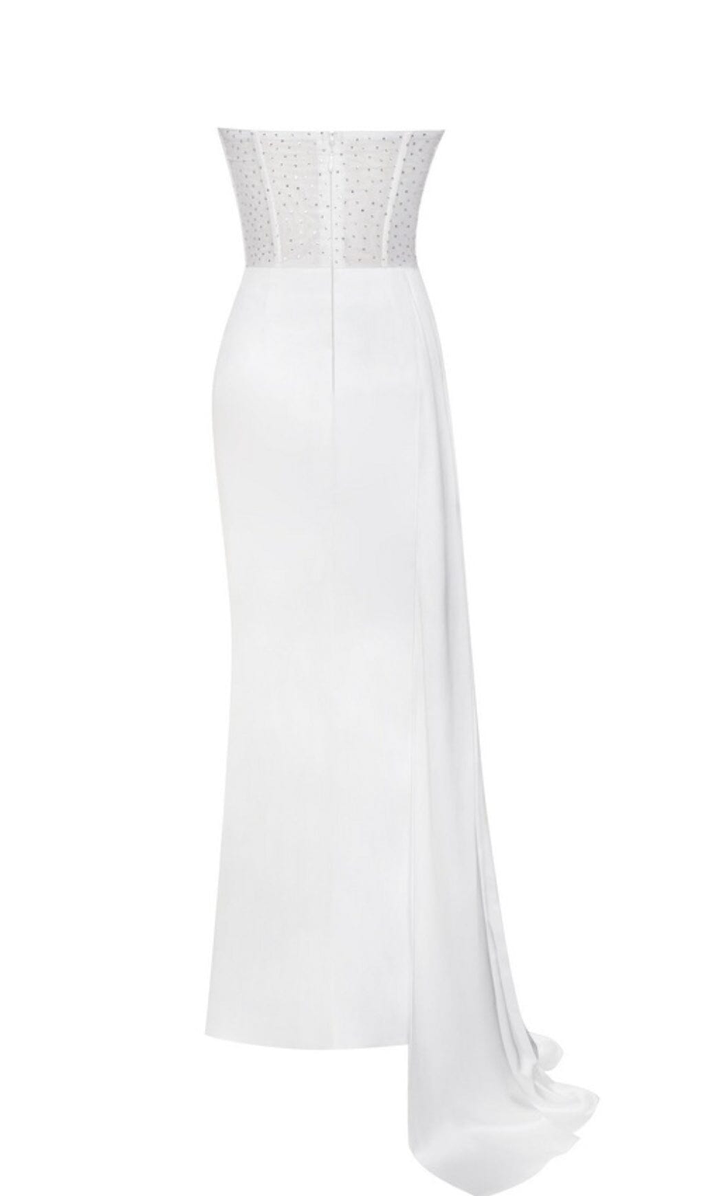 HOLLY WHITE CRYSTALLIZED CORSET HIGH SLIT SATIN GOWN