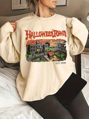 Plus Size Halloween Casual Sweatshirt, Women's Plus Graphic & Art Letter Print Long Sleeve Round Neck Sweatshirt