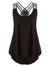 Top de tirantes cruzado con encaje en contraste liso de talla grande, top informal ligeramente elástico para mujer