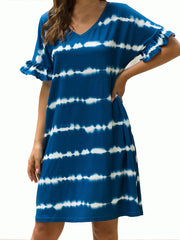 Fashionable Printed Loose Fit And Sweet Stitching Mini Dress - V-Neck - Circular Cap