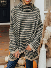 Lässiger Pullover in Übergröße, Damen-Pullover mit Streifenmuster, Kaminkragen und langen Ärmeln
