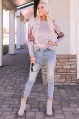 Rosa Langarm-Top mit Patchwork-Muster und Waffelstrick