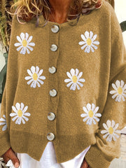 Plus Size Casual Cardigan, Women's Plus Floral Embroidery Button Up Long Sleeve Round Neck Sweater