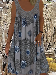 Vestido informal de talla grande para mujer, con cuello redondo, bordado y ojales, estampado de azulejos