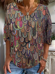 Top bohemio de talla grande para mujer, estampado paisley completo, media manga, cuello en V, ligeramente elástico