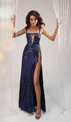 VESTIDO MAXI CON PARTIDO EN AZUL