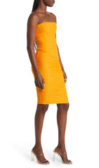 STRAPLESS CORSET MIDI DRESS IN ORANGE