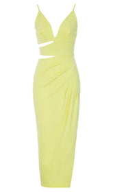 SATIN CUT OUT V NECK MIDI DRESS IN YELLOW