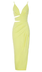 SATIN CUT OUT V NECK MIDI DRESS IN YELLOW