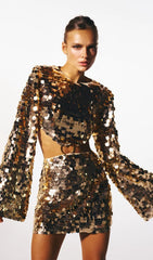 MINI VESTIDO DE MANGA LARGA BRILLANTE EN DORADO