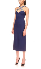 Neckholder-Midikleid mit Kristallen in Tiefseeblau