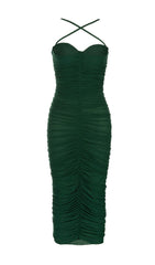 VESTIDO MIDI FRUNCIDO EN VERDE