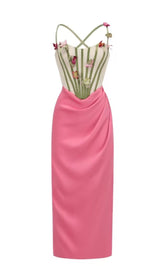 MIDIKLEID MIT BLUMENRANKEN-KORSETT IN ROSA