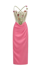 MIDIKLEID MIT BLUMENRANKEN-KORSETT IN ROSA