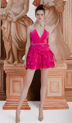 VESTIDO MINI CON TIRANTES ESPAGUETI EN COLOR ROSA FUSIONADO