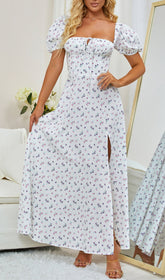 VESTIDO MIDI CON MANGAS ABULLONADAS Y FLORES