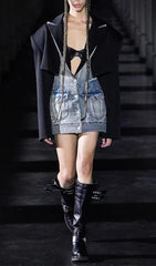 Zweiteiliger Anzug aus Denim mit Patchwork-Kragen