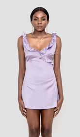 SATIN RUFFLE MINI DRESS IN PURPLE