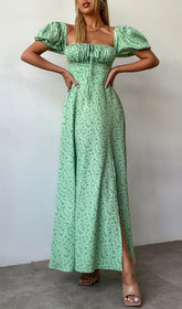 VESTIDO MIDI VERDE VINTAGE CON MANGAS ABULLONADAS Y ESTAMPADO FLORAL