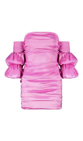 VESTIDO MINI BARDOT DE SATÉN EN ROSA FUERTE