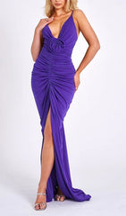 FLOWER-EMBELLISHED PLUNGE MAXI DRESS IN AMETHYST