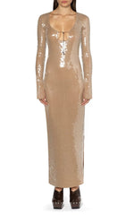 VESTIDO CON LENTEJUELAS, MANGA LARGA Y ESPALDA DESCUBRIDADA EN COLOR CAQUI