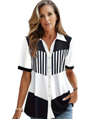 Plus Size Casual Blouse, Women's Plus Colorblock Stripe Button Up Short Sleeve Polo Neck Slight Stretch Blouse