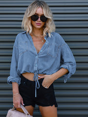 Loose Single-Breasted Button Lapel Drawstring Cropped Long Sleeves Denim T-Shirt
