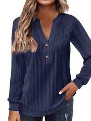 Blusa informal de talla grande para mujer, de manga larga, con botones, cuello en V y ligeramente elástica.