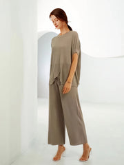Solid Color Round Neck Loose Irregular Pleated Knitted Two Piece Set
