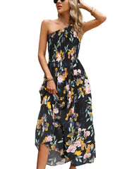 Elegante vestido midi con estampado de hombros inclinados