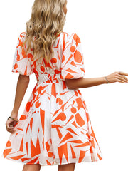 Print Temperament Waist V Neck Mini Dress