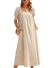 Elegante vestido midi largo con escote cuadrado y color liso