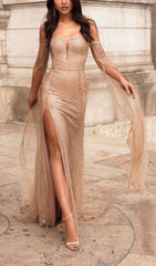 PRECIOSO VESTIDO DE MANGA CAÍDA CON PIEDRA DE DIAMANTES EN COLOR CHAMPÁN