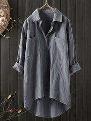 Solid Color Button Pocket Casual Collar Cotton Blouse