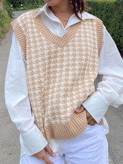 Suéter de punto a cuadros con cuello redondo y sin mangas de pata de gallo