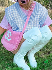 Suéter de punto a cuadros con cuello redondo y sin mangas de pata de gallo