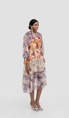 ASYMMETRISCHES MIDIKLEID MIT BLUMENMUSTER UND LAGEN „ROMAINE“