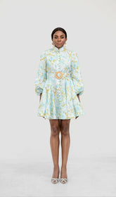 KELLEE AQUA FLORAL LONG SLEEVE MINI DRESS