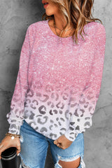 Rosafarbenes Langarm-Top mit Batikmuster und Leopardenmuster