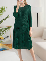 Pleated Solid Color V-Neck Nail Flower Loose Mid-length Midi Dress