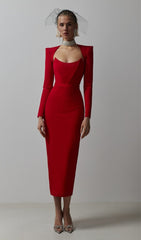 MIDIKLEID MIT ECKIGEN SCHULTERN UND KORSETT IN ROT