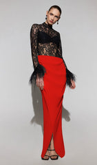 SPLICED LACE FEATHER SLIT DRESS IN BLACK AND RED