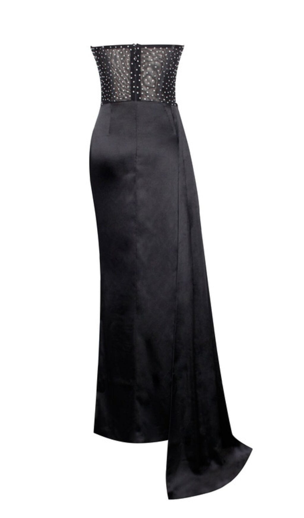 HOLLY BLACK CRYSTALLIZED CORSET HIGH SLIT SATIN GOWN