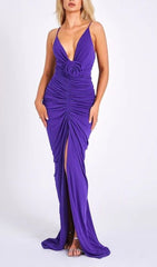 FLOWER-EMBELLISHED PLUNGE MAXI DRESS IN AMETHYST