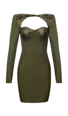 SEQUIN BODICE HIP WRAP DRESS IN OLIVE GREEN