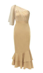 VESTIDO MIDI DE SIRENA DE UN SOLO HOMBRO EN COLOR CAQUI