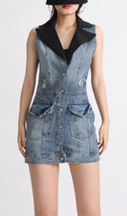 Zweiteiliger Anzug aus Denim mit Patchwork-Kragen