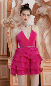 VESTIDO MINI CON TIRANTES ESPAGUETI EN COLOR ROSA FUSIONADO