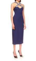 Neckholder-Midikleid mit Kristallen in Tiefseeblau